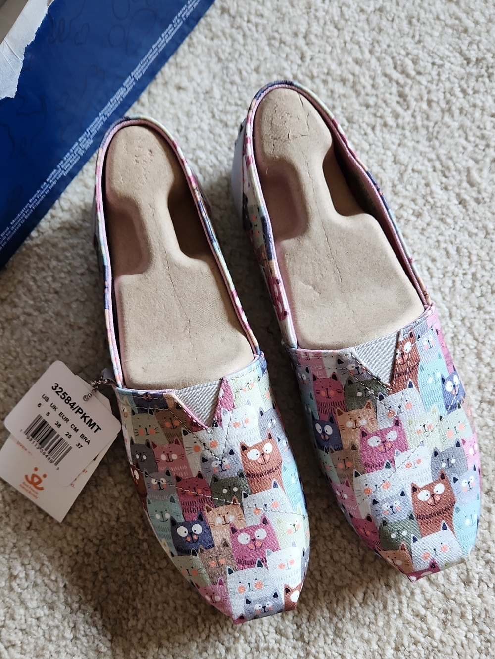 Skechers Multicolor Cat-Print Slip-Ons (Pink, Purple, Blue, Green, Tan)